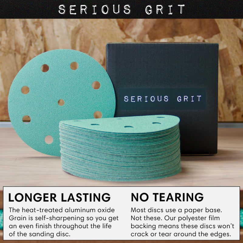 Serious Grit - 5-Inch 9-Hole 320 Grit Sanding Discs - Heavy-Duty Hook & Loop Film Discs - Sandpaper for Random Orbital Sanders - 50 Pack Box - Image 3